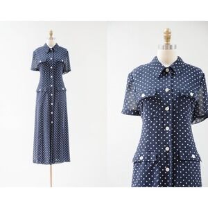 90s vtg navy blue‎ polka dot loose oversized chiffon maxi dress